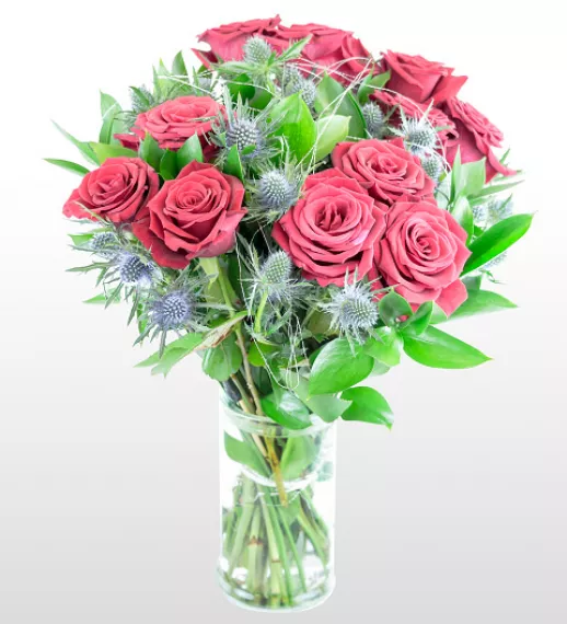 flowers - Majestic, £49.99 - A glorious selection of luxurious red Avalanche Roses arranged along with golden orbits and foliage for a superb floral masterpiece.