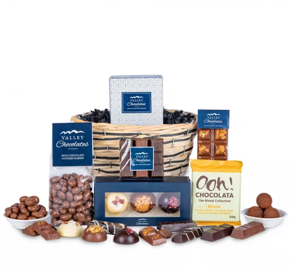 hampers - Chocolate Delights, £39.99 - Perfect for the chocoholics, we have created this amazing chocolate basket filled with gourmet goodies by fine chocolatiers, Valley Chocolates.