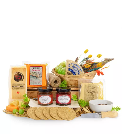 hampers - Cave Aged Cheese Basket, £39.99 - A truly artisan cheese basket with speciality cheeses, chutney, and oatcakes.
