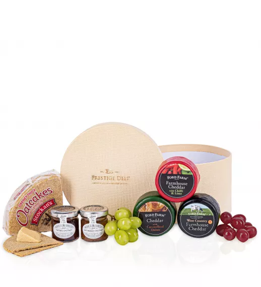 Gifts - Deli Cheese Box, £34.99 - This hat box brings the most delicious of cheeses from the famous Ford Farm, along with special chutneys and oatcakes.