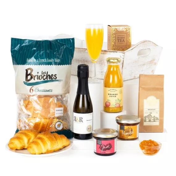 hampers - The Breakfast Tray, £40.45 - A delicious array of breakfast essentials and a half bottle of prosecco, perfect for lazy Sundays and presented on a handy wooden tray for breakfast in bed!