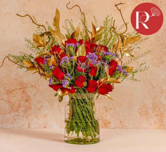 flowers - Victoria, £54.99 - This bouquet is rich in colour and texture, with perfectly paired Naomi Roses, Limonium, and Green Bell (Thlaspi) Eryngium.