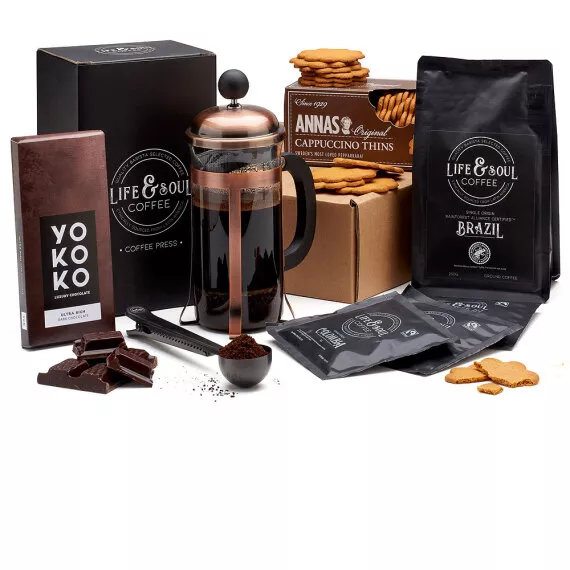 hampers - Luxury Cafetiere and Treats Box, £35.00 - A luxurious copper and glass cafetiere sent along with a bag of Brazilian coffee, dark chocolate, and more.