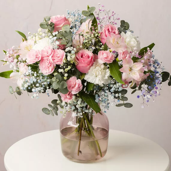 flowers - Rainbow Galaxy, £30.00 - A beautiful arrangement of pink Roses, Alstroemeria, and Spray Carnations accompanied by fragrant Eucalyptus and fun 'rainbow' Gypsophila.