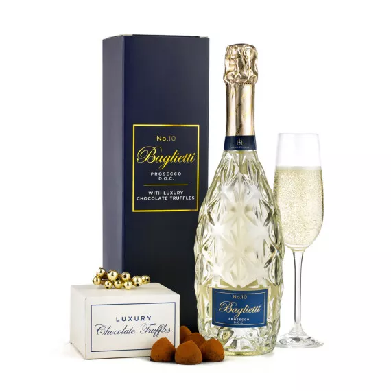 hampers - Baglietti Prosecco Gift Box, £29.65 - An exquisite 75cl bottle of Baglietti prosecco is presented in a branded gift box and delivered with 200g of luxury chocolate truffles.