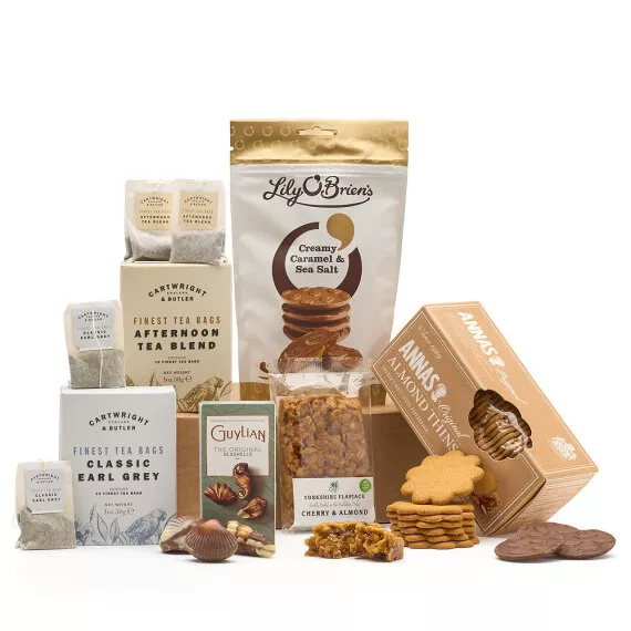 hampers - Afternoon Tea & Treats Gift, £21.50 - Indulge in a luxurious tea-time experience with a carefully curated selection of fine teas and delicious sweet treats.