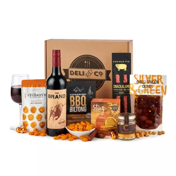 hampers - Savoury Gift Box, £38.99 - Indulge in the perfect pairing of red wine and savory snacks with this elegant gift box.