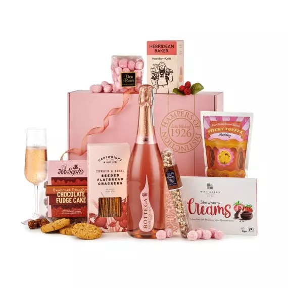 hampers - Luxury Rosé Prosecco Gift Box, £56.95 - A luxurious gift hamper filled to the brim with pretty pink treats.