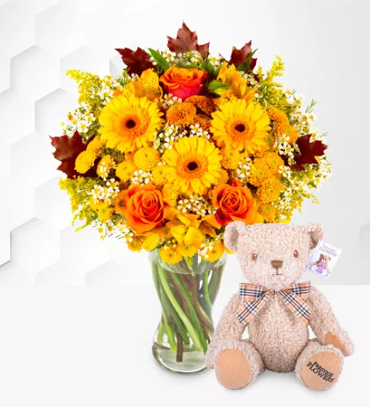 flowers - Vintage Maple with Teddy, £48.99 - Celebrate the season with this stunning autumn flower arrangement.