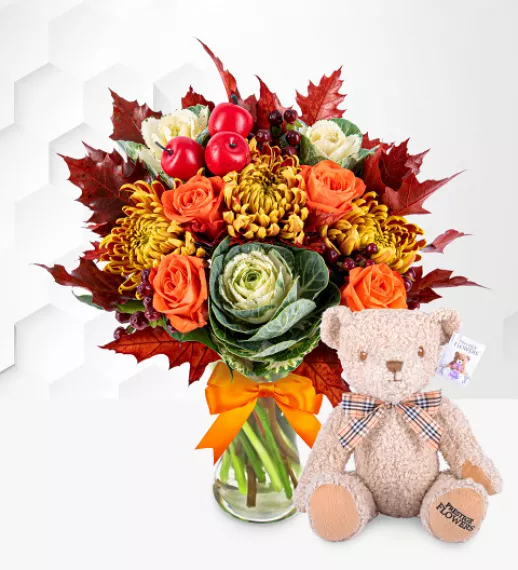 flowers - Autumn Array with Teddy, £48.99 - Send the enchantment of autumn to someone special with this beautiful seasonal flower arrangement.