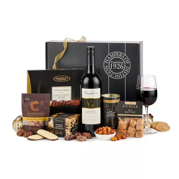 hampers - The Celebration, £37.15 - Packed in a sophisticated gift box, the star of this hamper is a rich and rounded Merlot.