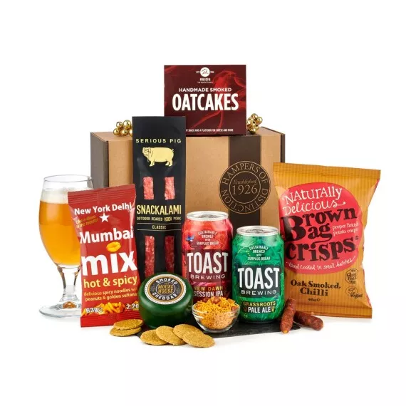 hampers - Beer & Cheese Gift Box, £25.45 - A gourmet gift box containing two bottles of craft beer, an artisan cheese truckle, and a range of tasty snacks.