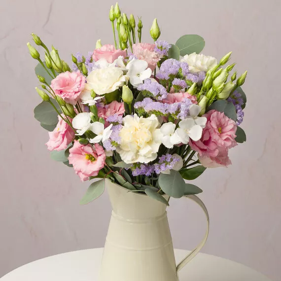 letterbox - Pastel Dream Letterbox, £32.95 - Pink Double Lisianthus are accompanied by cream Carnations and pure white Spray Carnations.