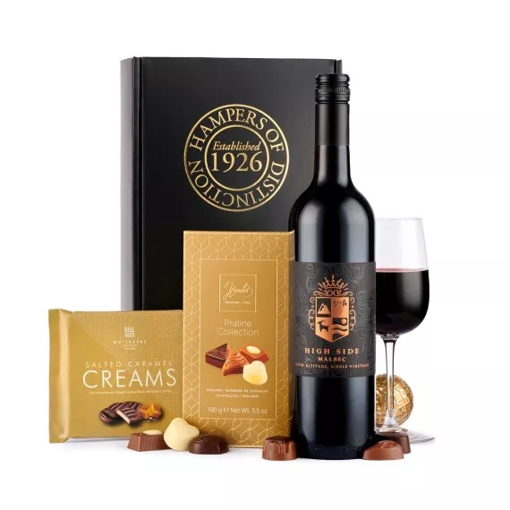 hampers - Red Wine & Chocolates Hamper, £25.95 - A 75cl bottle of High Side Malbec wine is joined by salted caramel creams and praline chocolates.