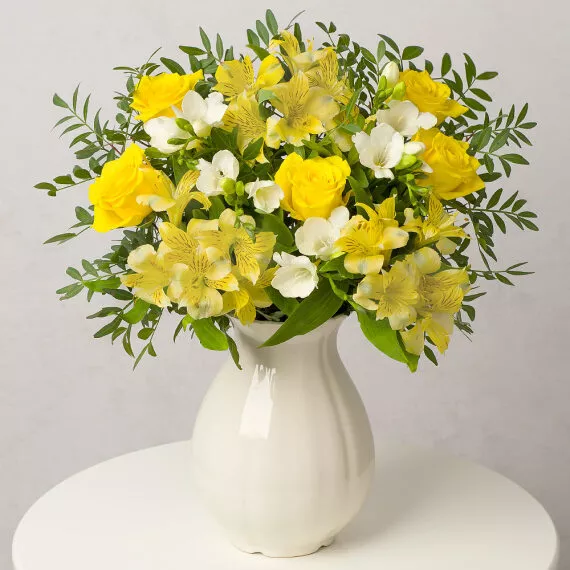 flowers - Summer Roses and Freesias, £28.25 - Celebrate the beauty of summer with a collection of sunshine yellow Roses and elegant white Freesias.