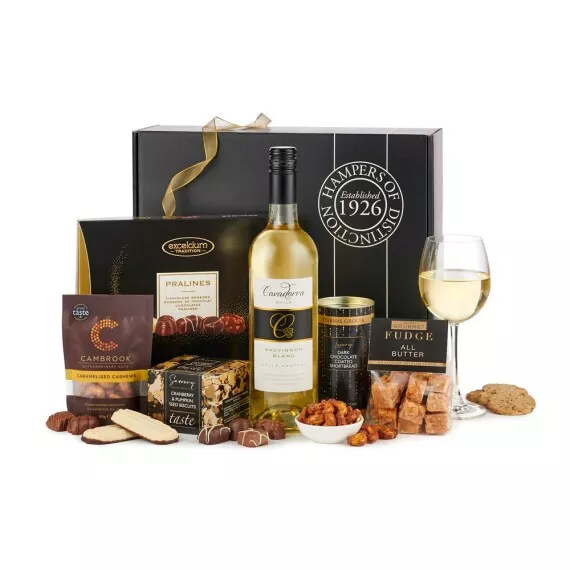 hampers - The Celebration with White Wine, £37.15 - Packed in a sophisticated gift box, the star of this hamper is a crisp and fruity Sauvignon Blanc.