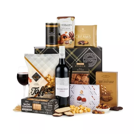 hampers - The Nutcracker With Red Wine, £43.97 - A decorative gift box is filled with a 75cl bottle of Waters Edge Shiraz and a variety of sweet and savory treats.