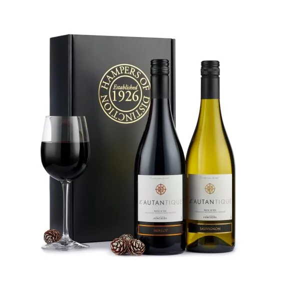 hampers - French Wine Duo, £32.00 - Two 75cl bottles of L'Autantique wine are presented in a luxurious black bottle box, creating an exquisite gift for any wine connoisseur.