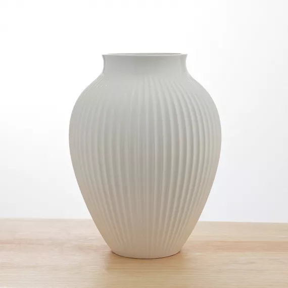 gifts - Grooved White Olpe Vase, £61.95 - A beautifully textured white ceramic Olpe vase with a grooved design, perfect for adding a touch of modern sophistication to your floral arrangements.