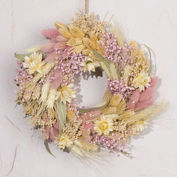 gifts - Blossom Blush Dried Wreath, £36.00 - This pastel wreath of dried wildflowers and bunny tails will be a perfect centerpiece in any room.