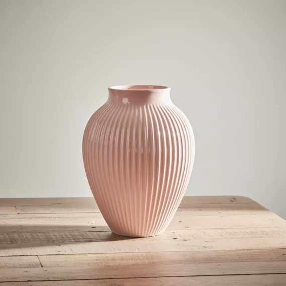 gifts - Grooved Pink Olpe Vase, £61.99 - A beautifully textured pink ceramic Olpe vase with a grooved design, perfect for adding a touch of soft color and modern sophistication to your floral arrangements.