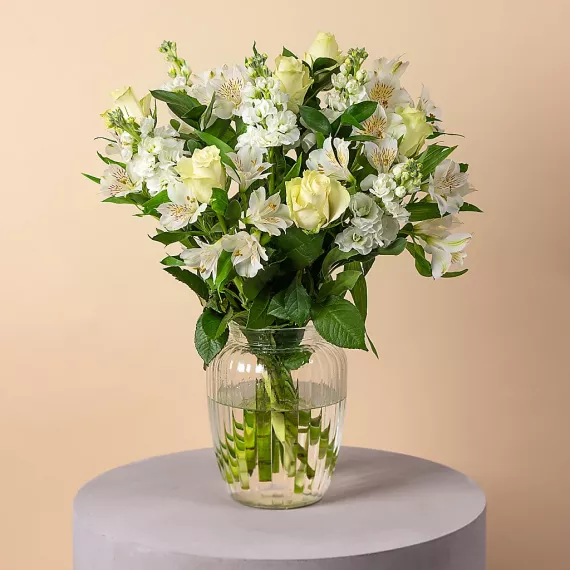 flowers - Perfect Pearls, £39.99 - Embrace timeless beauty with Perfect Pearls, a stunning bouquet featuring classic white roses, elegant stocks, and soft alstroemeria.
