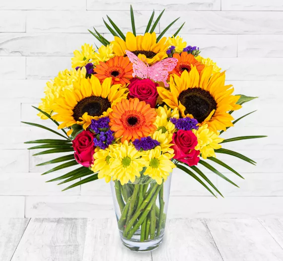 flowers - Summer Fields Bouquet, £29.99 - Our Summer Fields Bouquet includes gorgeous British grown Sunflowers,  hand-tied by our expert florists with Rhodos Roses, Geminis, Chrysanthemums complimented with Statice.