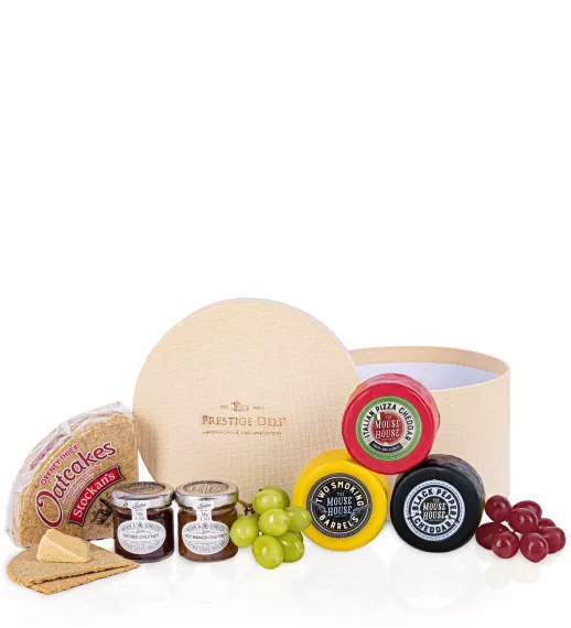 hampers - Deli Cheese Box, £35.00 - This hat box brings the most delicious of cheeses from the famous Ford Farm, along with special chutneys and oatcakes.