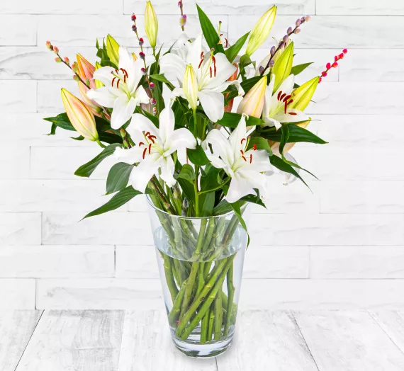 flowers - White Lily Excellence, £29.99 - Bring the elegance of stunning 75cm white Lilies into your home with our new White Lily Excellence bouquet.