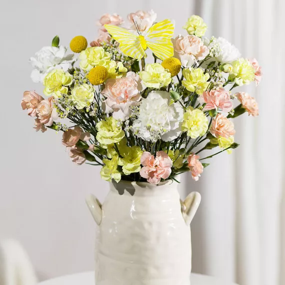 flowers - Peachy Sunshine, £25.75 - A pretty selection of Carnations and Spray Carnations in pastel shades of yellow and peach paired with delicate white Limonium.