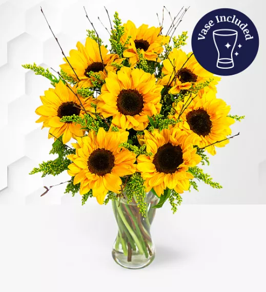 flowers - Sensational Sunflowers with Vase, £38.99 - Radiating warmth and happiness, our gorgeous British sunflower bouquet is an extraordinary arrangement that captures the beauty of summer.