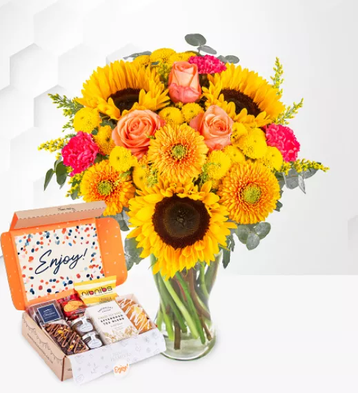 flowers - Sunset Blush &amp; Afternoon Tea, £68.99 - Introducing our exclusive "Sunset Blush" Bouquet, a mesmerizing tapestry of sunflowers, delicate roses, germini, carnations, and a touch of wild greenery!