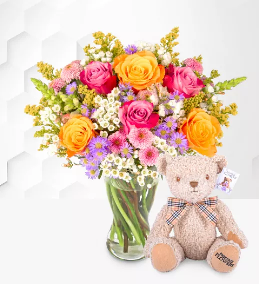 flowers - Serene Ember with Teddy, £43.99 - Presenting a captivating flower arrangement that combines vibrant colors and delicate textures.
