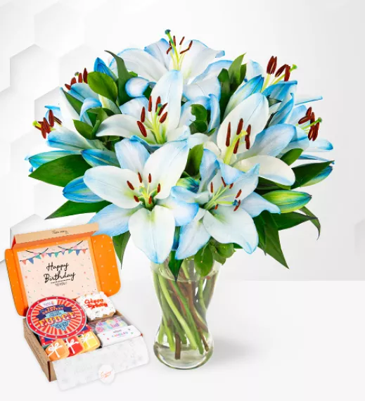 flowers - Ocean Lilies Birthday Gift Set, £55.99 - Surprise someone with a truly unique birthday gift set featuring a striking arrangement of oriental blue lilies.