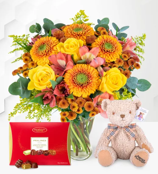 flowers - Bronze Beauty Gift Set, £53.99 - Introducing our limited-edition Bronze Beauty bouquet, designed to capture the vibrant beauty of autumn.