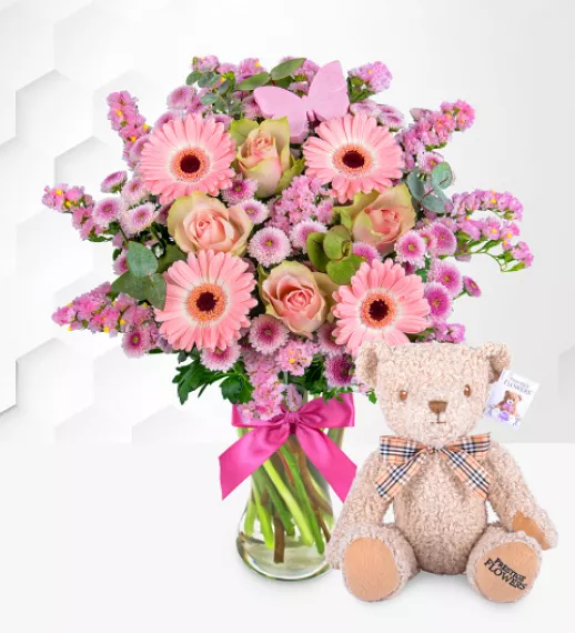 Flowers - Winter Harmony Bouquet with Teddy, £45.99 - Introducing our Winter Harmony Bouquet, a limited-edition arrangement overflowing with enchanting pink blooms, perfect for making winter birthdays truly special!