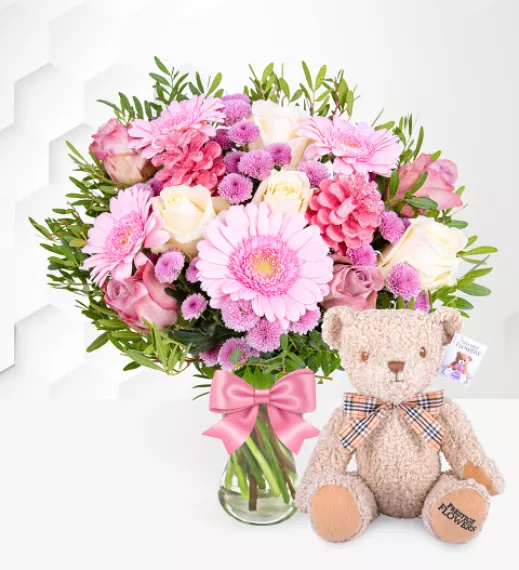 flowers - December Bouquet with Teddy, £48.99 - Introducing our exquisite December Bouquet, a stunning arrangement in shades of pink that is sure to bring joy to your fortunate recipient.