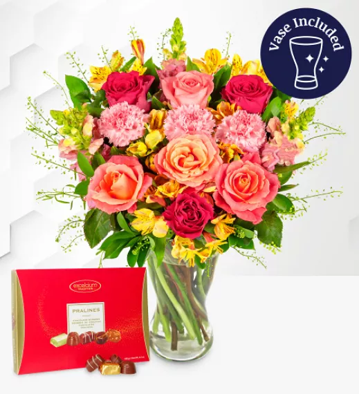 flowers - Saffron Radiance with Chocs &amp; Vase, £50.99 - Introducing the Saffron Radiance Bouquet, a stunning display of vibrant hues and elegant blooms.