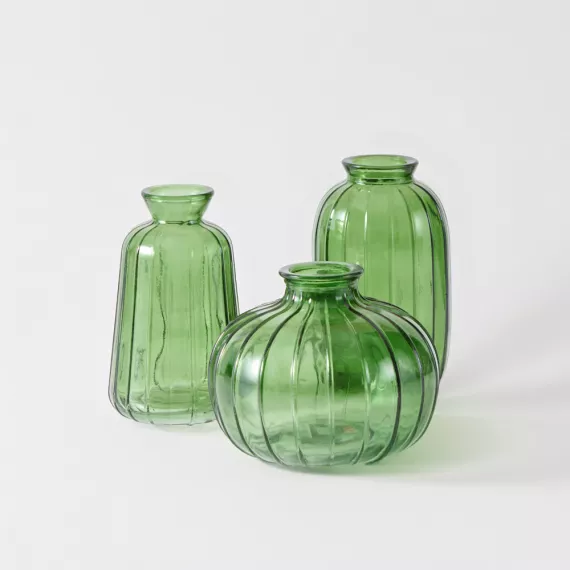 gifts - Emerald Glass Bud Vases – Set of 3, £18.00 - A set of three small, elegant emerald green glass bud vases, perfect for displaying single stems or small arrangements.
