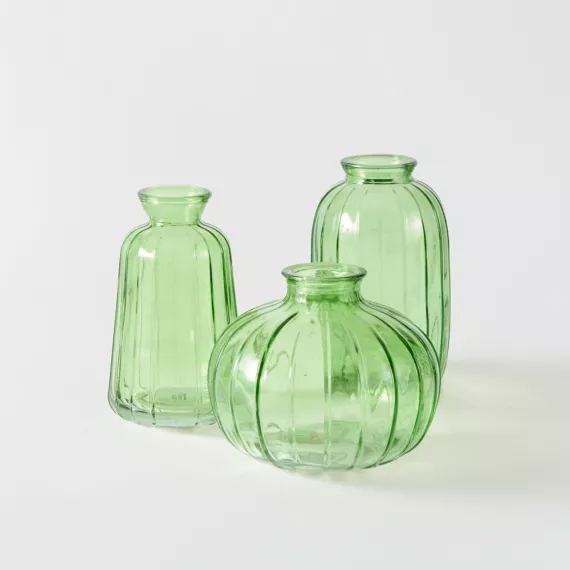 gifts - Sage Glass Bud Vases – Set of 3, £18.00 - A set of three small, elegant sage green glass bud vases, perfect for displaying single stems or small arrangements.