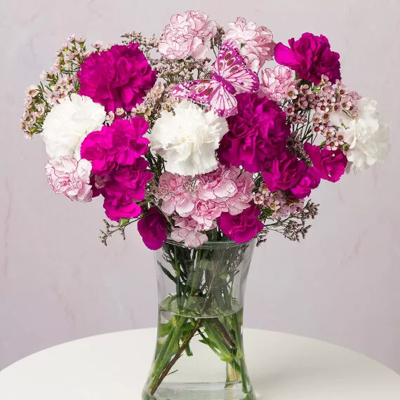 flowers - Butterfly Dreams, £24.75 - A delightful selection of long-lasting Carnations in shades of pink, purple, and white complemented with pink Limonium and delicate Waxflower blooms.